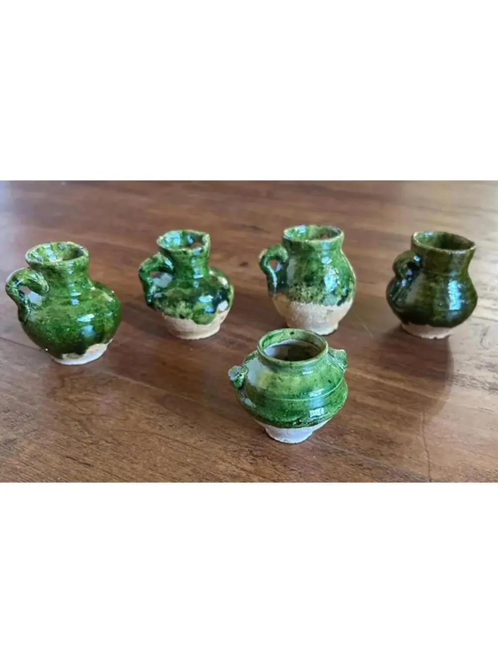 Set of 5 Small Green Ceramic Miniature Vases